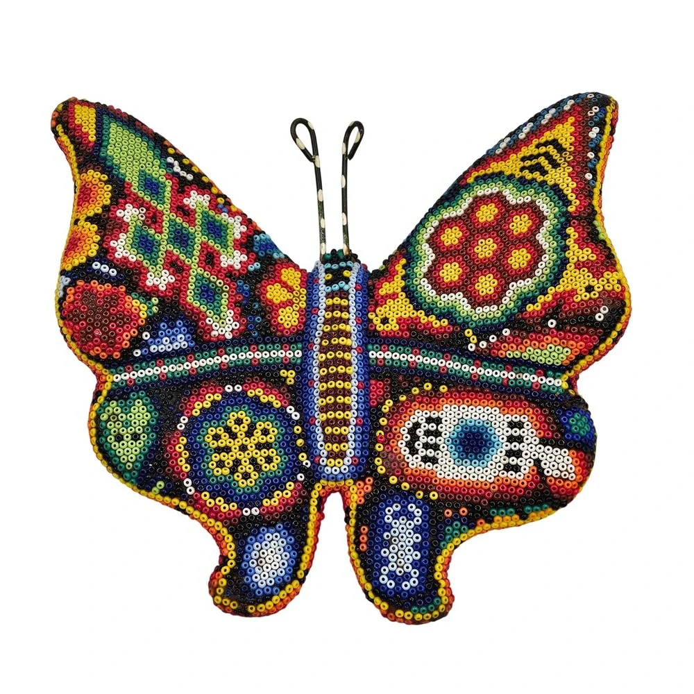 Huichol Beaded Butterfly Mexican Folk Art Multicolor Wall Decor Sculpture 6.5in